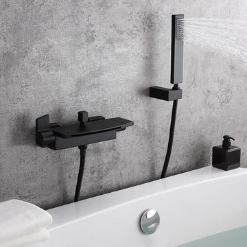 Wall Mount Waterfall 2-Handle Matte Black Bathtub Filler Faucet with Hand Shower